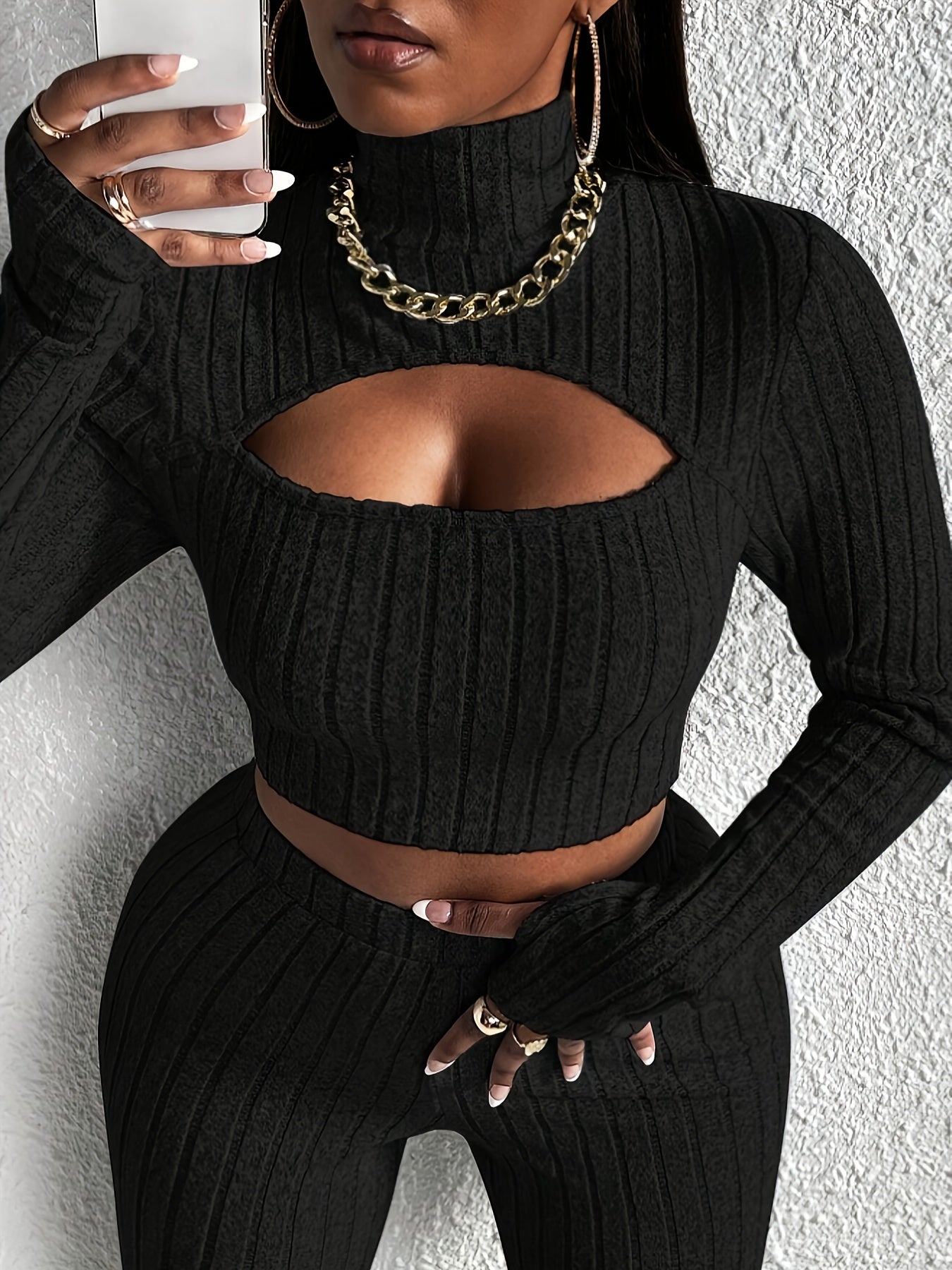Sexy Slim Ribbed Two-piece Set, Long Sleeve Mock Neck Cut Out Crop Top & High Waist Skinny LeggingsOutfits, Women's Clothing
