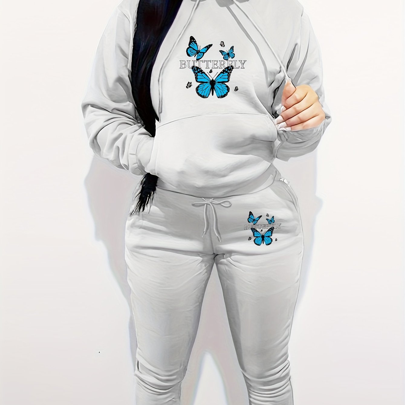 Butterfly Pattern Hooded Long Sleeve Hoodie and Pants - Women's Casual Two-Piece Knit Polyester Set with Pockets
