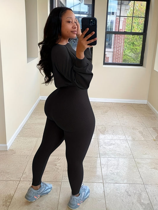 Women's Casual Letter Print Long Sleeve Top and Pants Set - Black, Stretchy Polyester-Spandex Blend, Machine Washable, Perfect for Spring/Fall, Casual Letter Print Pants Set