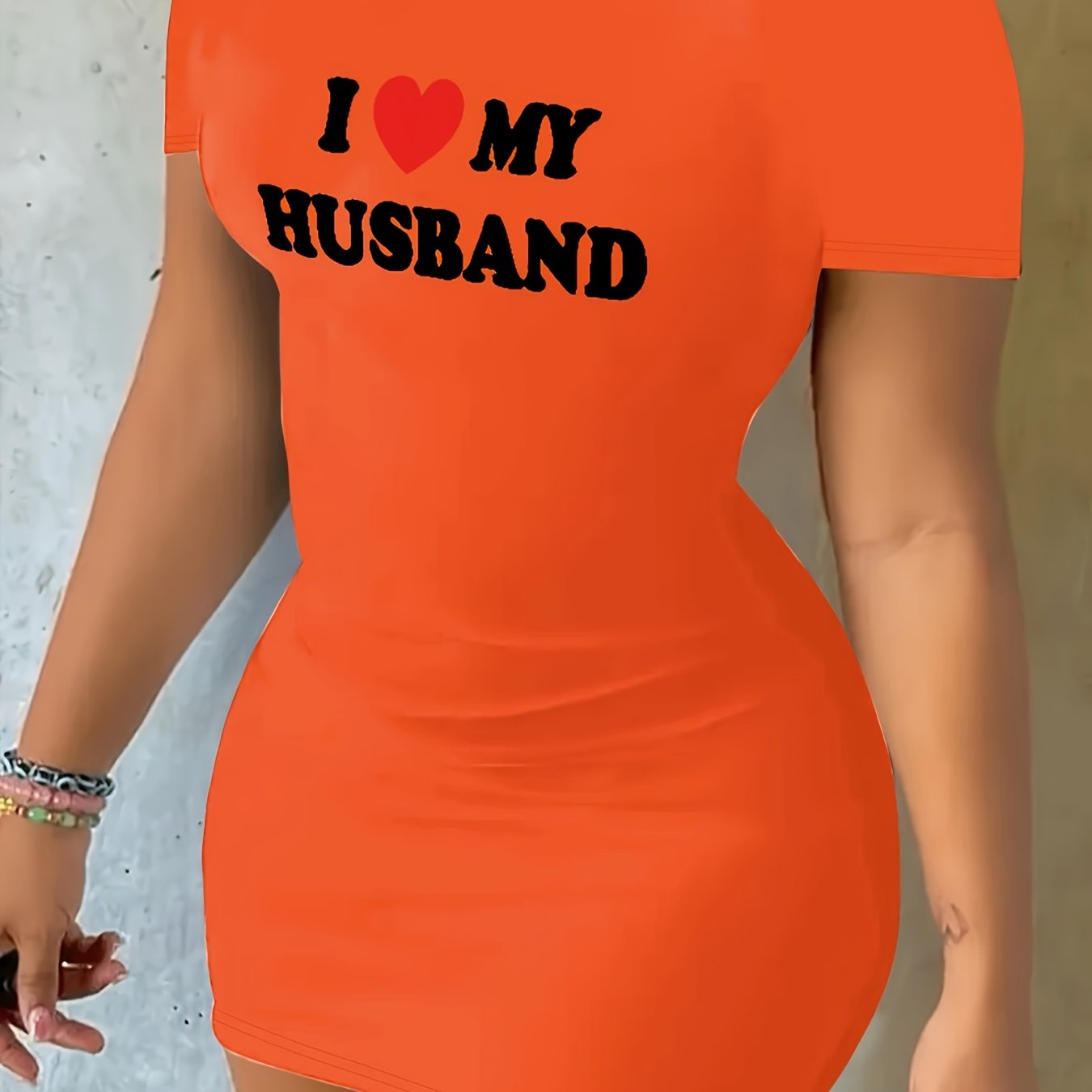 L Love My Husband Print Bodycon Dress, Casual Short Sleeve Crew Neck Dress, Women's Clothing
