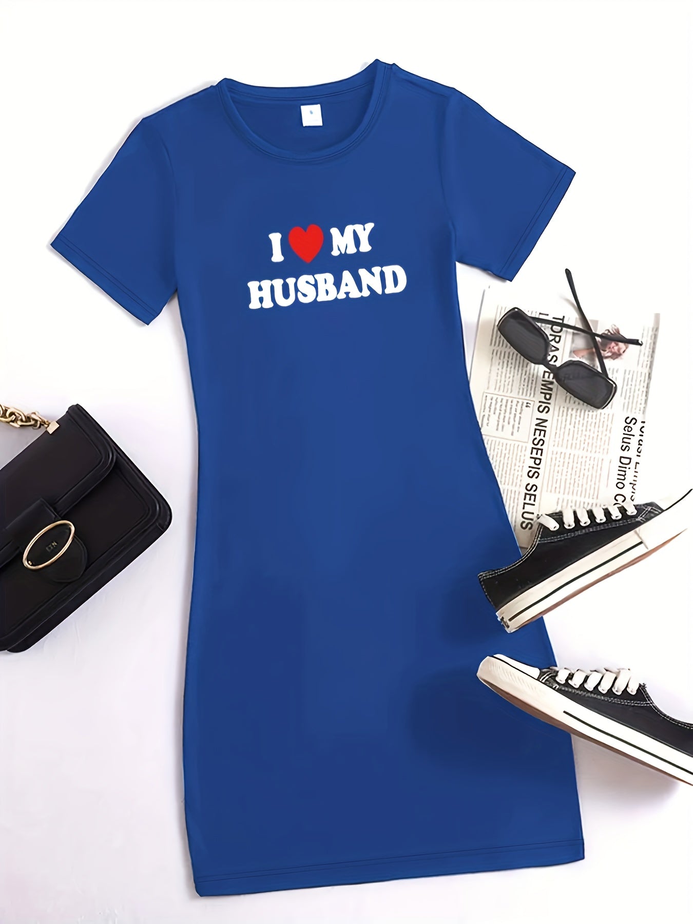 L Love My Husband Print Bodycon Dress, Casual Short Sleeve Crew Neck Dress, Women's Clothing