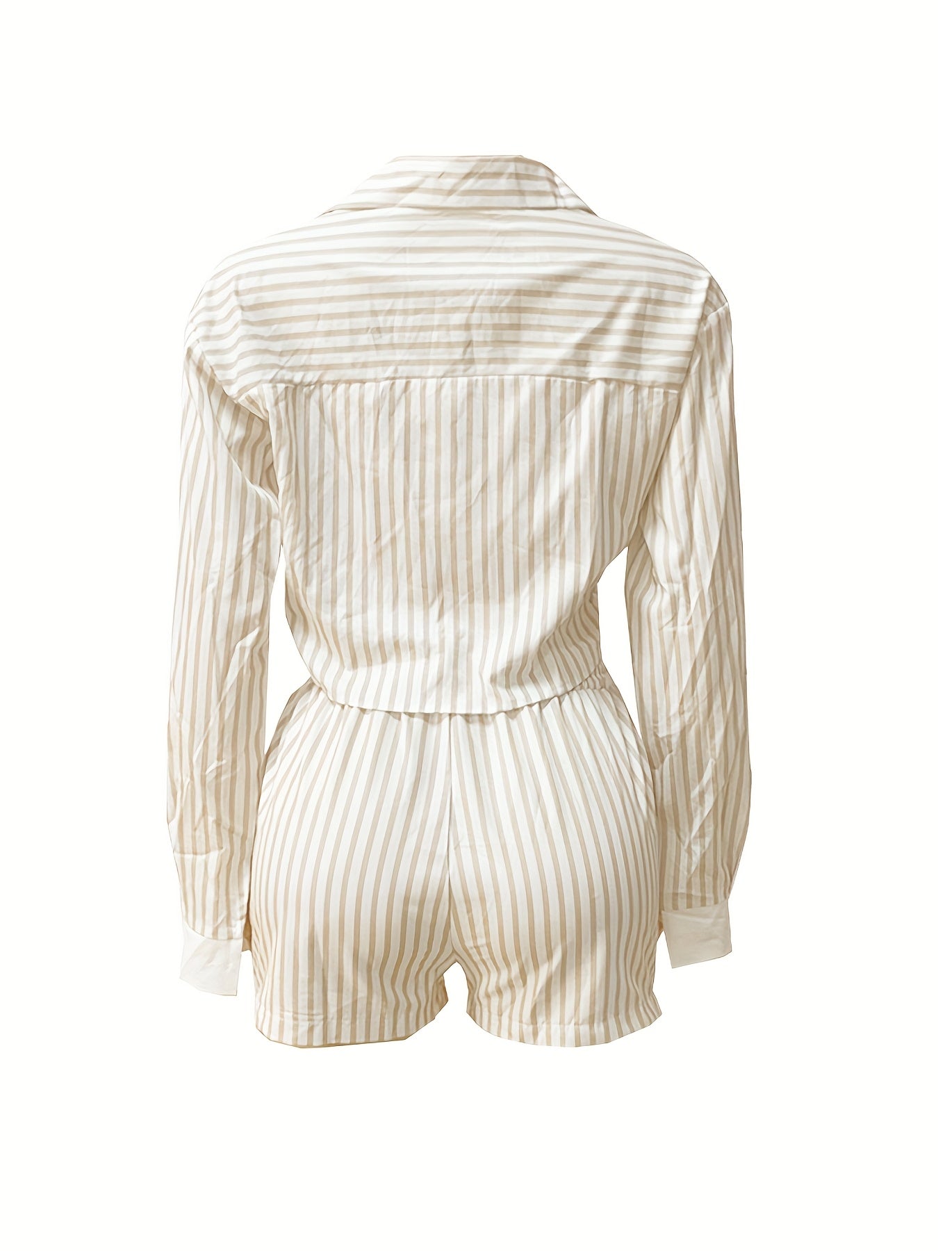 TW713 Spring-Summer Casual Chic Women's Striped Long Sleeve Shirt and Shorts Set