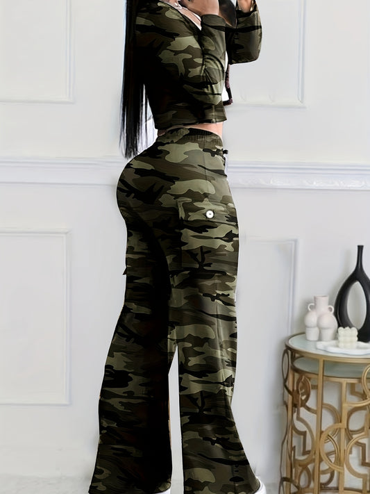 Women'S Stylish Camo Two-Piece Set - Olive Green Camouflage Pants & White Top with Black Shoulder Patches, Casual Outdoor Activewear, Spring/Summer Fashion, Casual Activewear|Olive Green Pants|Stylish Shoulder Patche