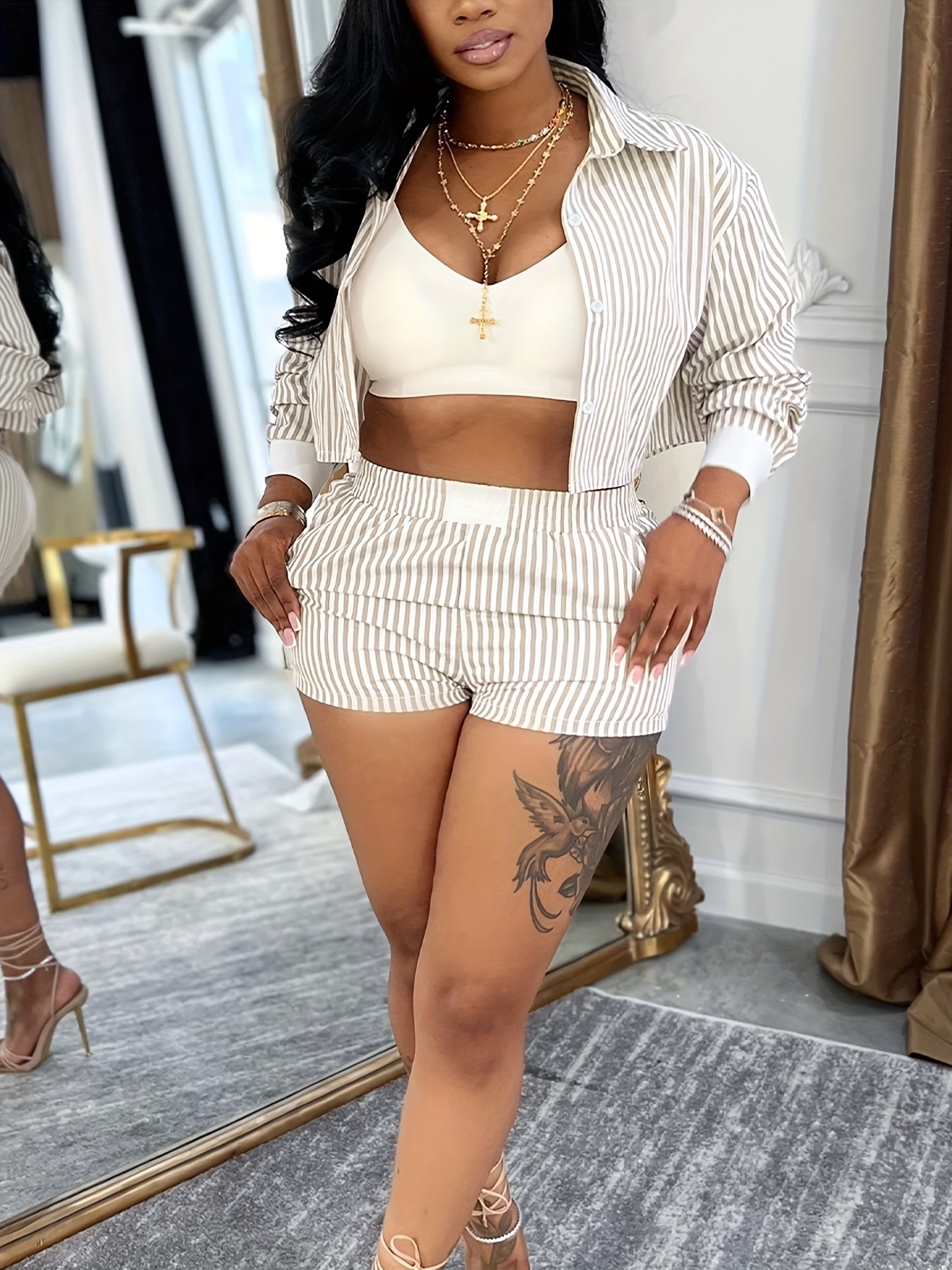 TW713 Spring-Summer Casual Chic Women's Striped Long Sleeve Shirt and Shorts Set