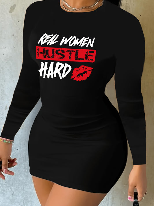 Chic Geometric Print Bodycon Dress for Women - Stretchy, Long Sleeve, Crew Neck - Perfect for Fall & Winter