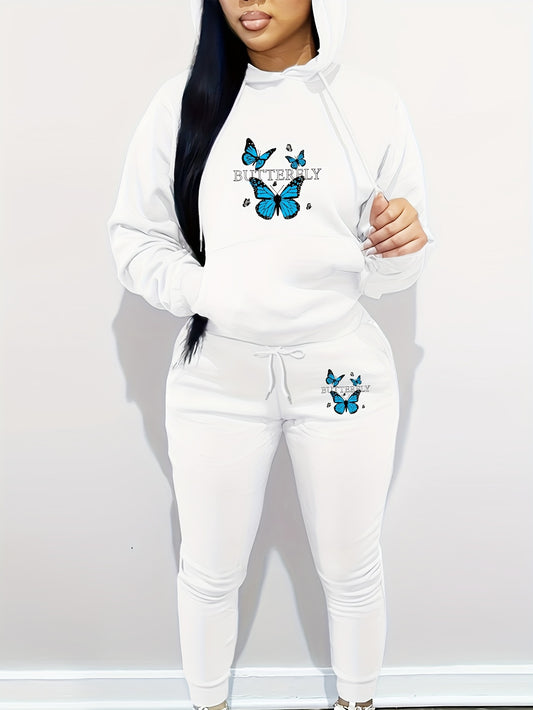 Butterfly Pattern Hooded Long Sleeve Hoodie and Pants - Women's Casual Two-Piece Knit Polyester Set with Pockets