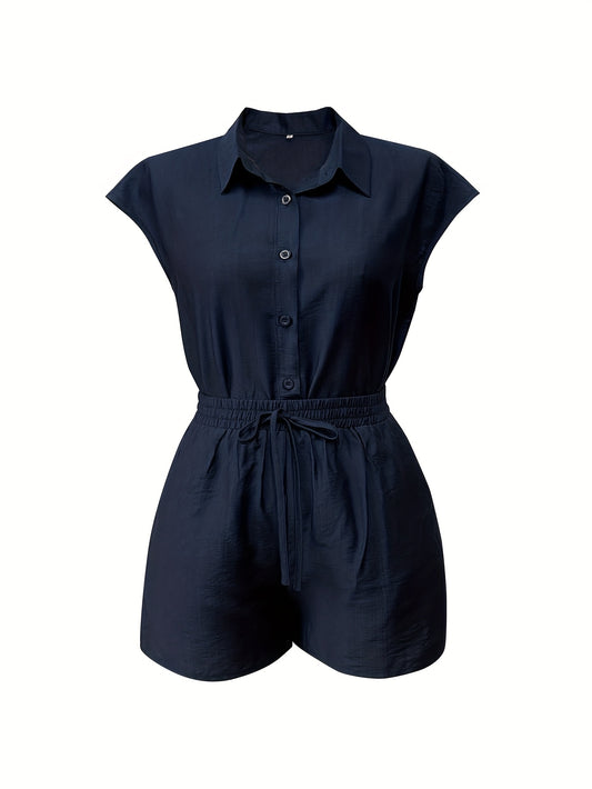 Elegant Navy Blue Short Sleeve Shirt with Lapel Collar & Drawstring Shorts - Comfortable Polyester Blend Outfit for Casual Attire, Versatile Clothing|Sleek Design|Polyester Fabric