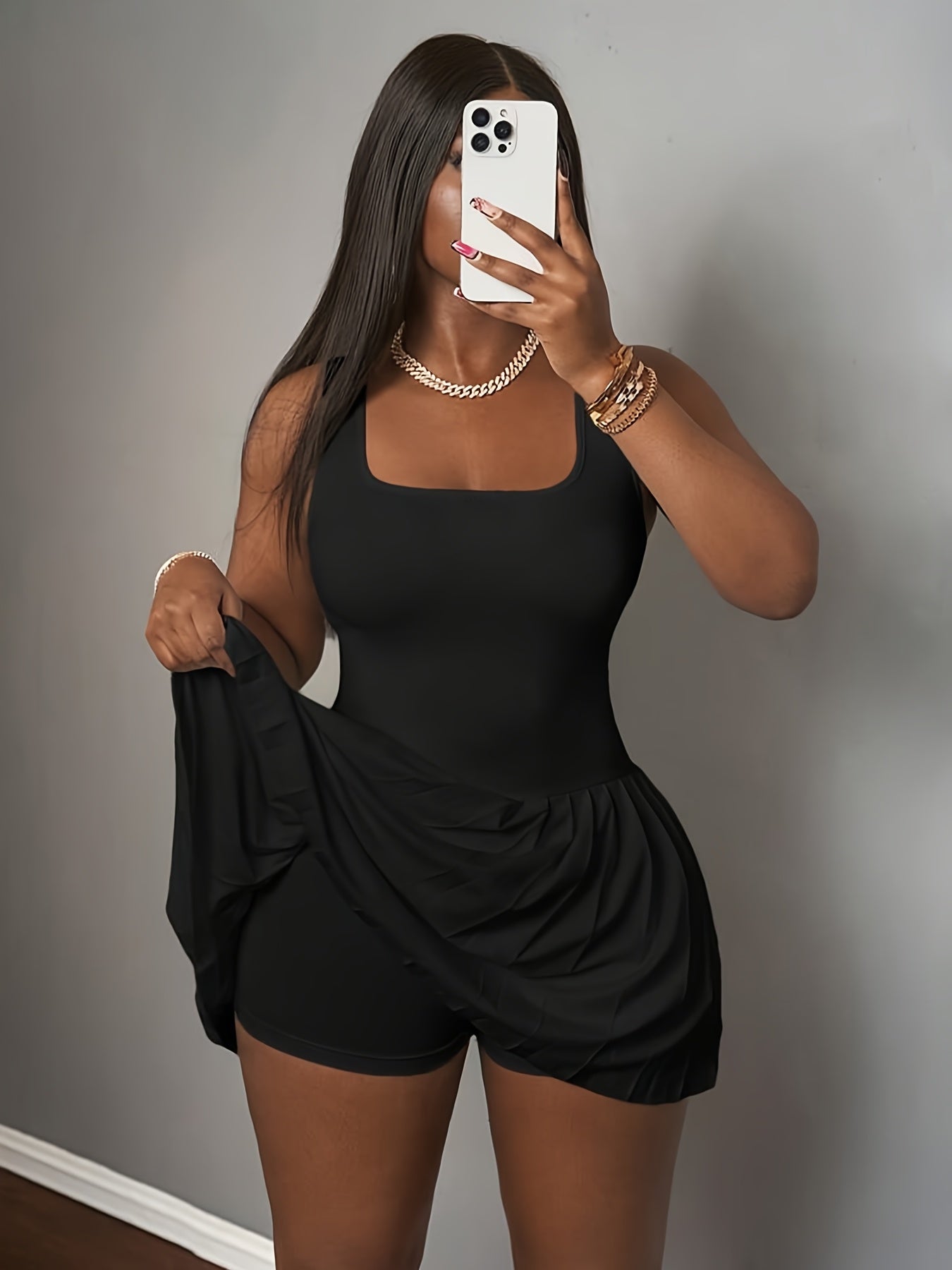 Women's High-Waisted Stretchy Sleeveless Square Neck Mini Dress with Pleated Hem - Flared Fitted Top & Flared Skirt for Commuting, Tennis, Gym, Dates - Machine Washable White Casual Chic Outfit, Fitness Clothing