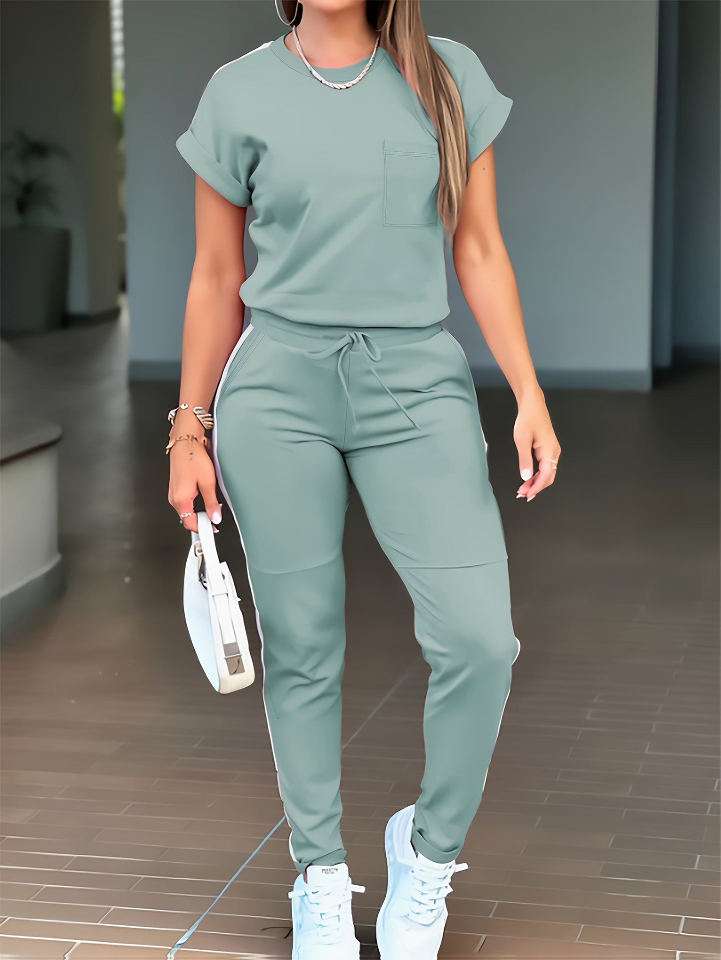 Spring-Summer New Women's Casual Comfort Solid Color Round Neck T-Shirt with Versatile Pocket Straight Pants Set