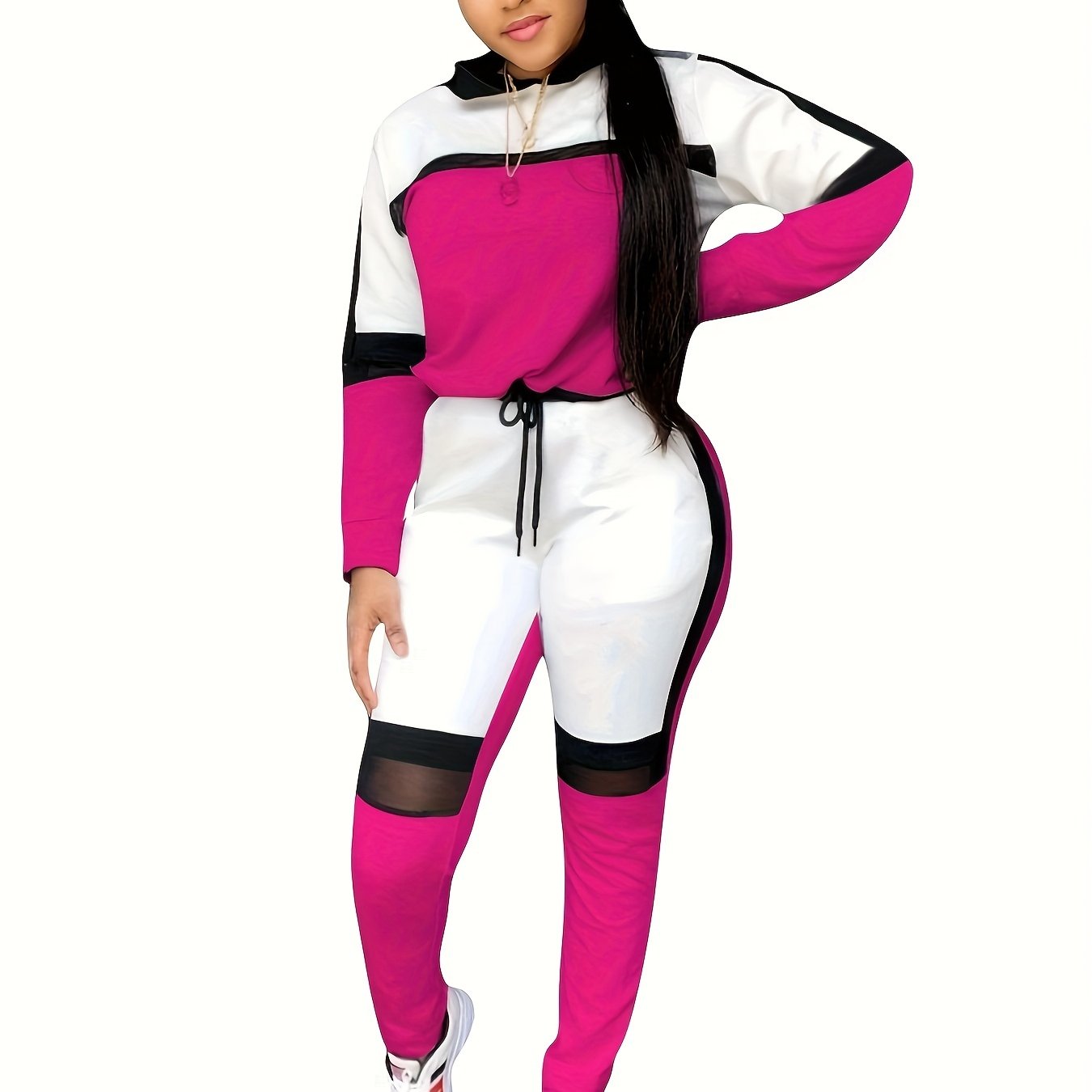 Colorblock Mesh Stitching Two-piece Set, Long Sleeve Hoodie & Drawstring Pants Outfits, Women's Clothing