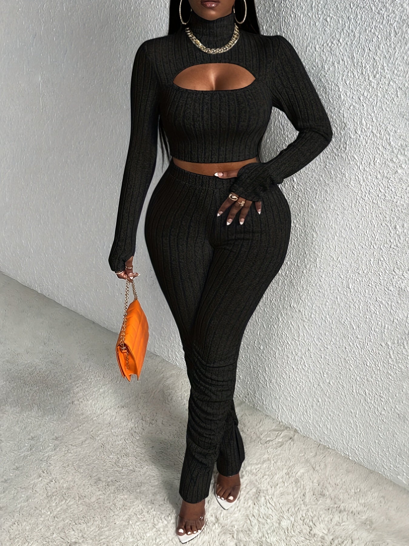 Sexy Slim Ribbed Two-piece Set, Long Sleeve Mock Neck Cut Out Crop Top & High Waist Skinny LeggingsOutfits, Women's Clothing