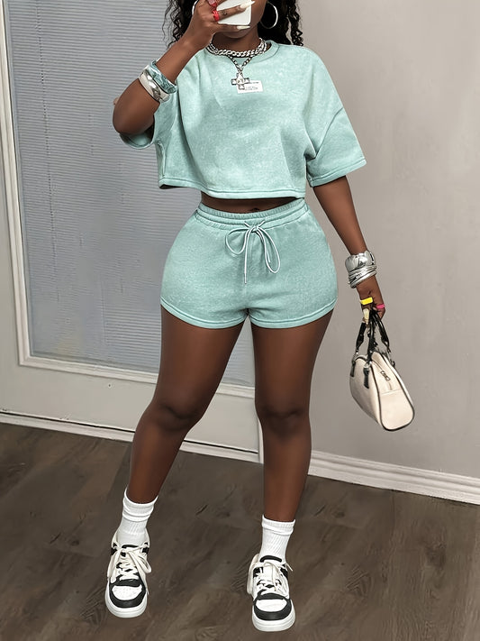 Women'S Casual Street Style Snowflake Fabric Round Neck Short Sleeve T-Shirt And Shorts Set, Elegant Solid Color, Spring/Fall, with Drawstring Detail.