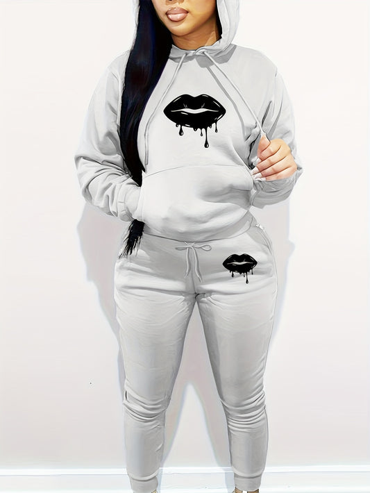 Women'S Casual Two-Piece Set - Gray Hoodie with Black Lip Print & Matching Pants, Long Sleeve, Drawstring Hood, Pockets, Comfortable Fall/Winter Outfit, Comfortable Clothing | Playful Design | Drawstring Hoodie