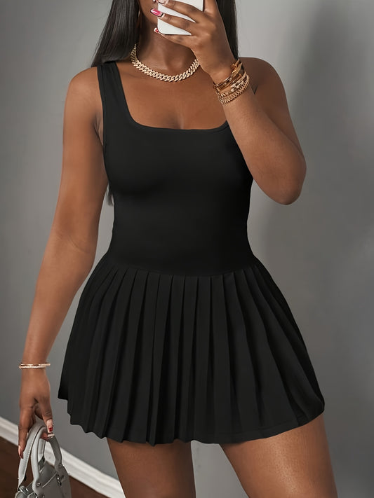 Women's High-Waisted Stretchy Sleeveless Square Neck Mini Dress with Pleated Hem - Flared Fitted Top & Flared Skirt for Commuting, Tennis, Gym, Dates - Machine Washable White Casual Chic Outfit, Fitness Clothing