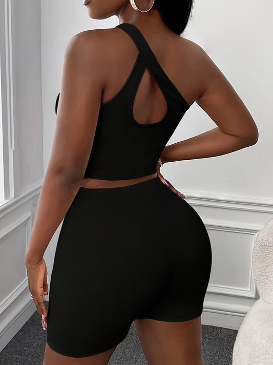 Casual Solid Color Shorts Set, One Shoulder Cut Out Crop Tank Top & High Waist Skinny Leggings, Women's Clothing