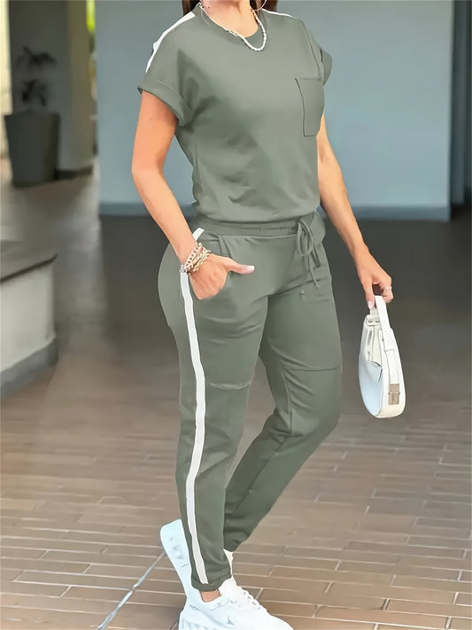 Spring-Summer New Women's Casual Comfort Solid Color Round Neck T-Shirt with Versatile Pocket Straight Pants Set