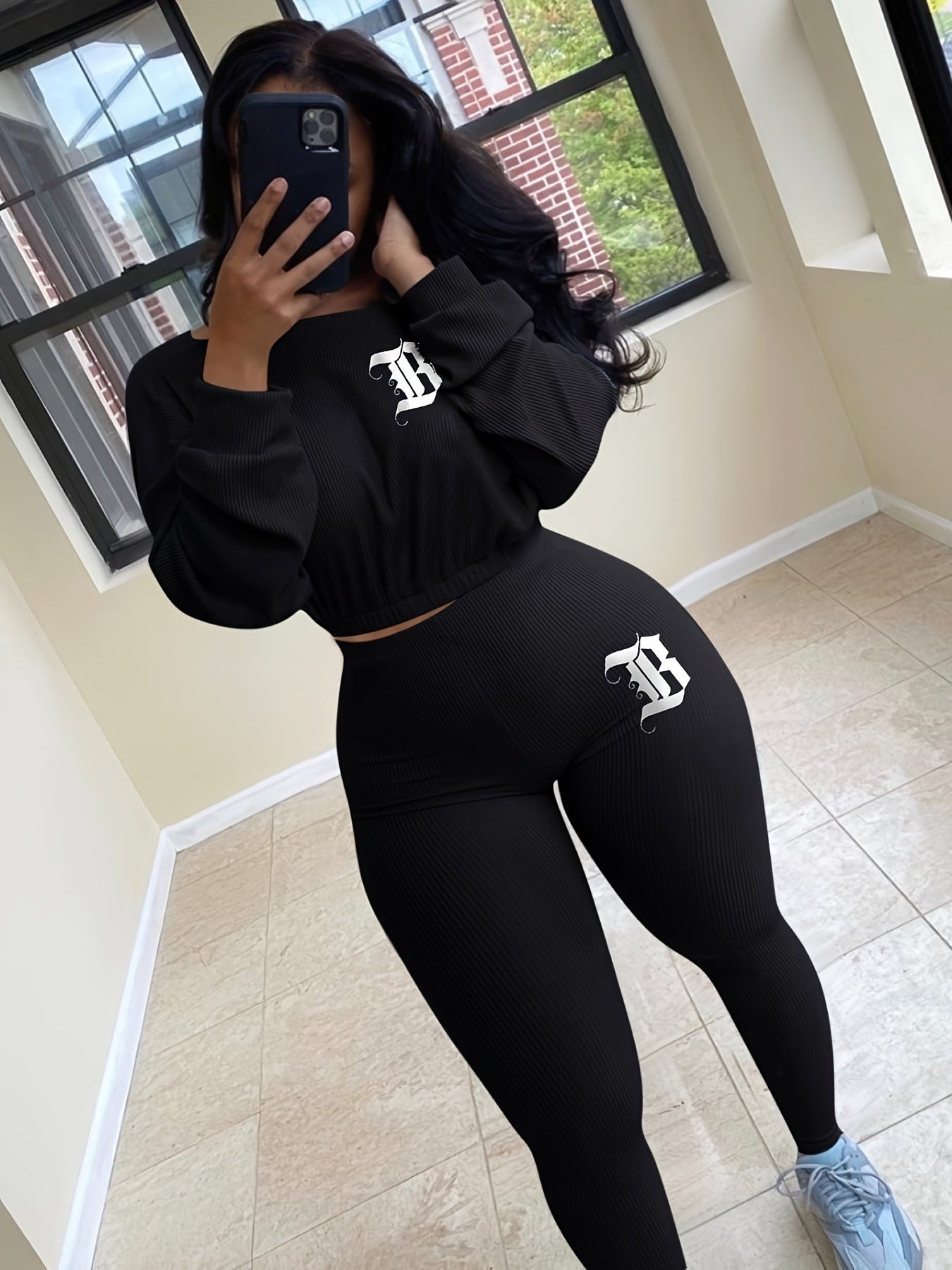 Women's Casual Letter Print Long Sleeve Top and Pants Set - Black, Stretchy Polyester-Spandex Blend, Machine Washable, Perfect for Spring/Fall, Casual Letter Print Pants Set