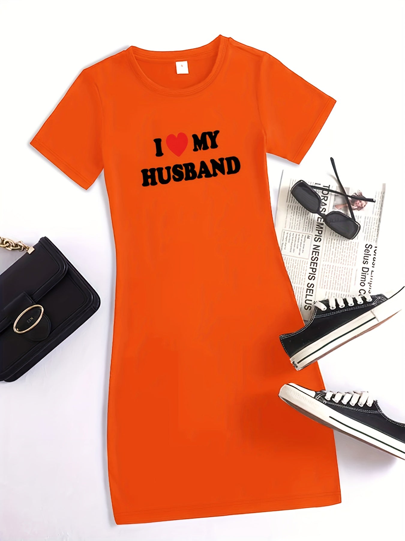 L Love My Husband Print Bodycon Dress, Casual Short Sleeve Crew Neck Dress, Women's Clothing