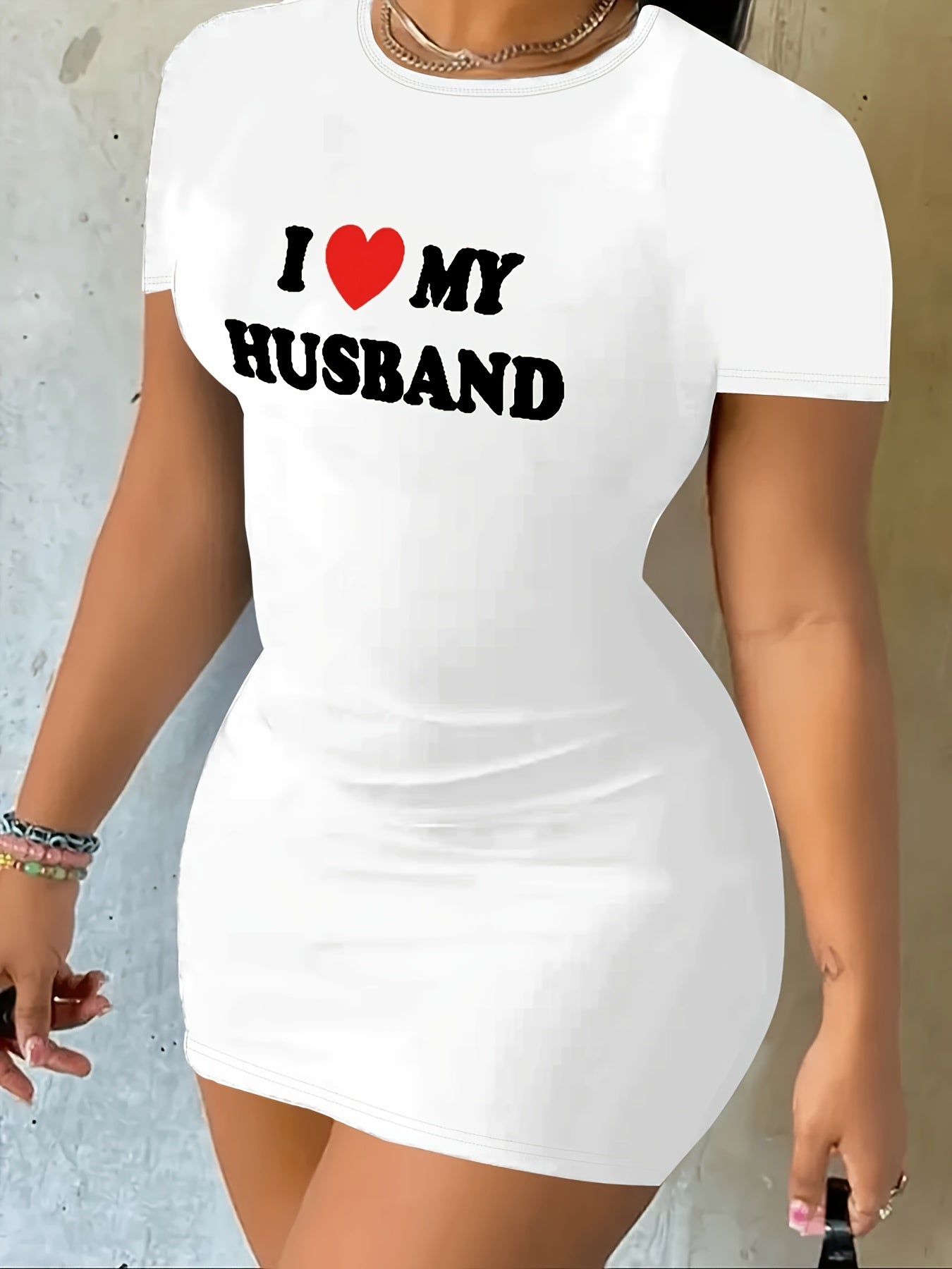L Love My Husband Print Bodycon Dress, Casual Short Sleeve Crew Neck Dress, Women's Clothing