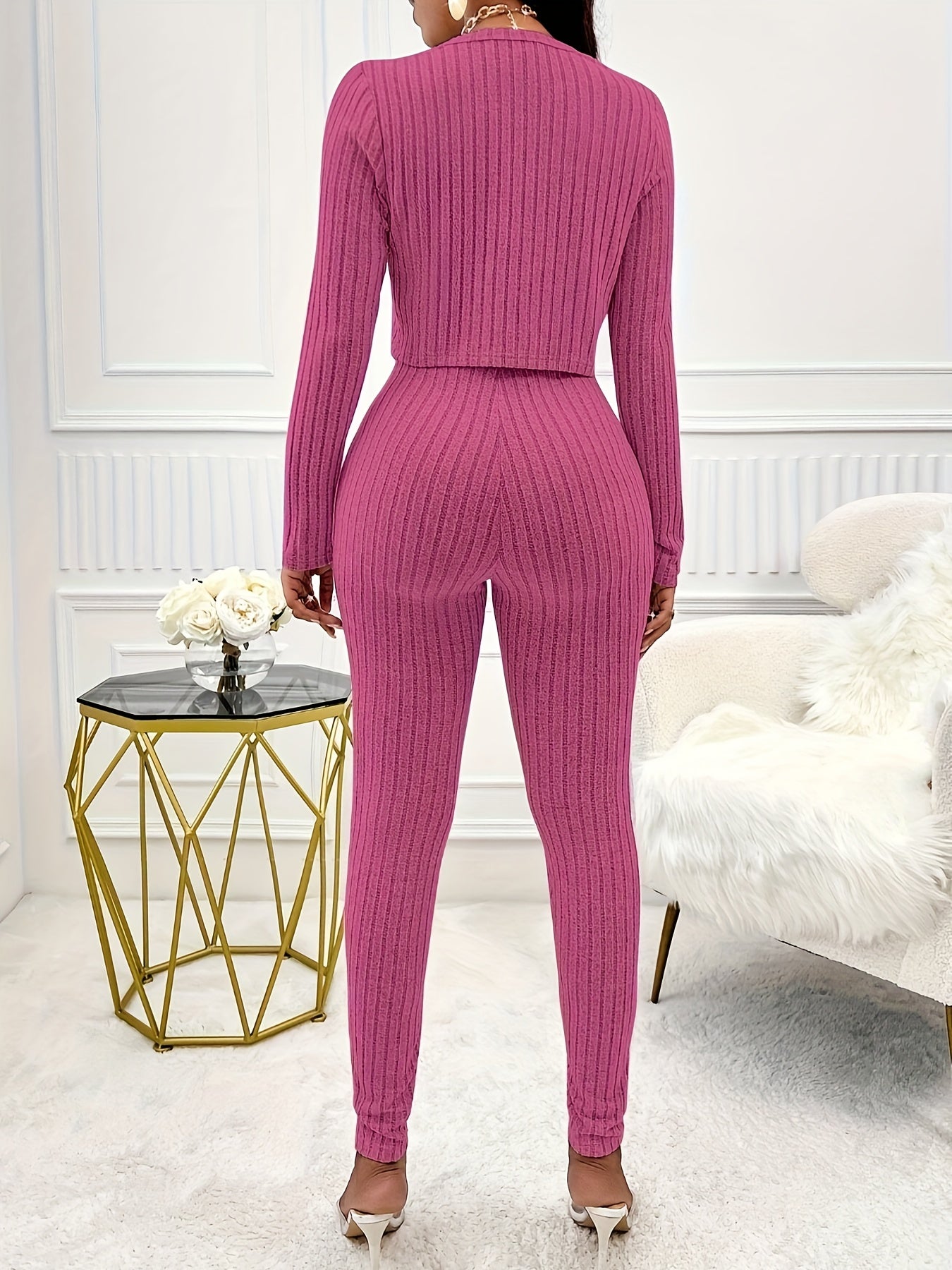 Women's Solid Color Ribbed Two-piece Set - Long Sleeve Button Front Crop Cardigan & Skinny Strapless Jumpsuit Outfits - For Women - Perfect for Casual & Party Occasions - Stylish Gift for Fashionable Women