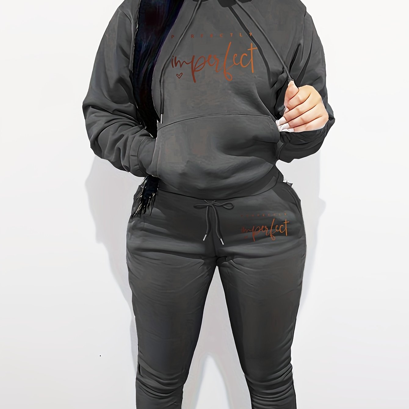 Women's Casual Letter Print Hoodie & Pants Set - Cozy Polyester, Machine Washable, with Pockets - Perfect for Fall/Winter