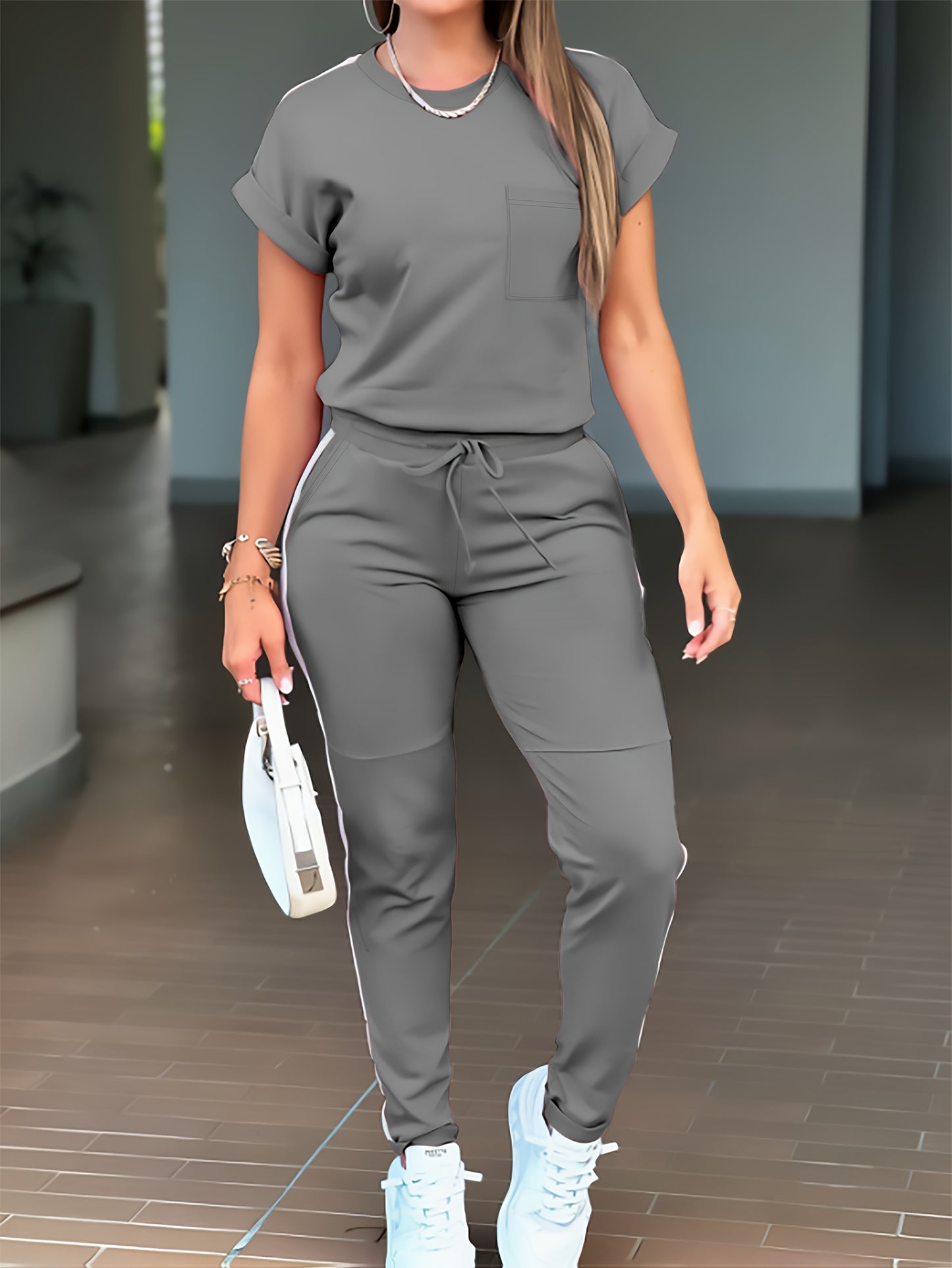 Spring-Summer New Women's Casual Comfort Solid Color Round Neck T-Shirt with Versatile Pocket Straight Pants Set