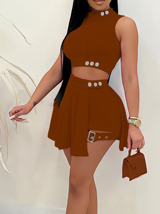 2pcs Elegant Sleeveless Summer Outfit Set - Women's Polyester Crew Neck Shorts Skirt - Solid Color, 95% Polyester 5% Elastane, All-Season Knit Fabric