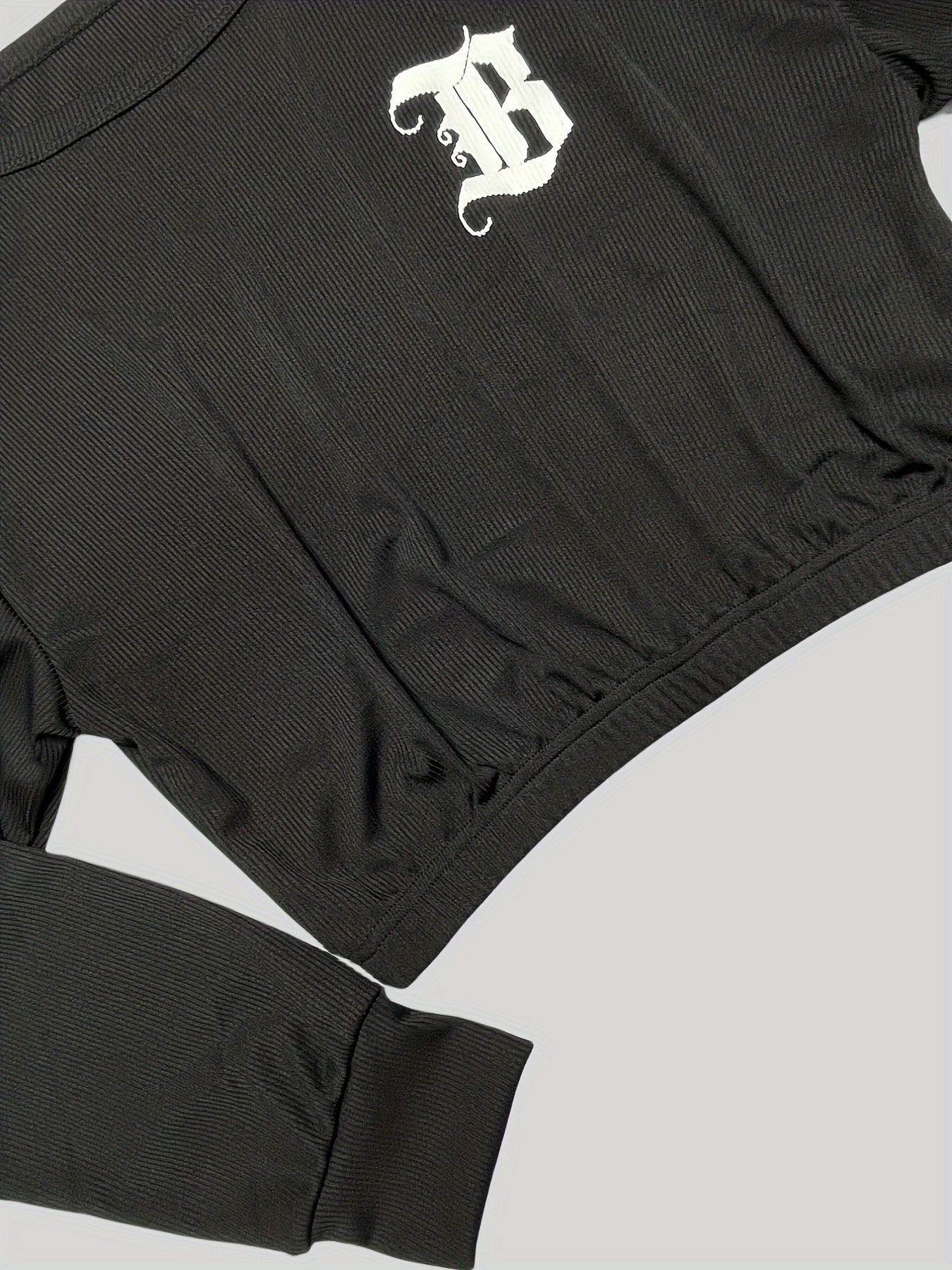 Women's Casual Letter Print Long Sleeve Top and Pants Set - Black, Stretchy Polyester-Spandex Blend, Machine Washable, Perfect for Spring/Fall, Casual Letter Print Pants Set