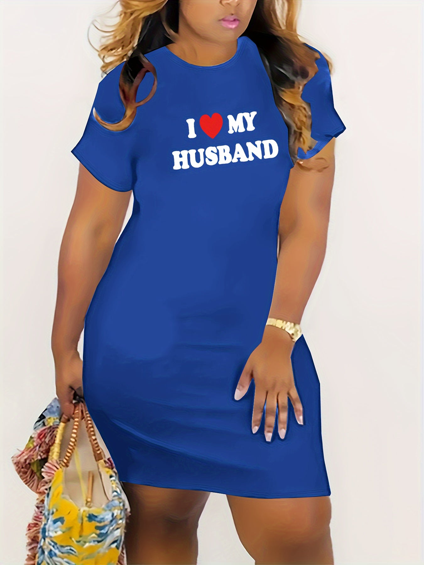 L Love My Husband Print Bodycon Dress, Casual Short Sleeve Crew Neck Dress, Women's Clothing