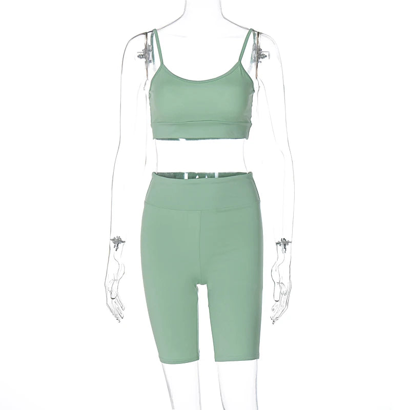 Hugcitar Summer 2 Piece Matching Sets Solid Slips Sexy Slim Crop Camis Shorts Women Casual Y2K Outfits Gym Streetwear Festival