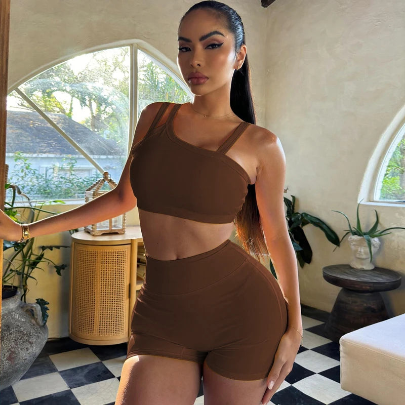 Hugcitar Summer Fashion 2 Pcs Sets Solid Straps Backless Sexy Crop Tank Top Draped Shorts Slim Women Clothes Vacation Work Out