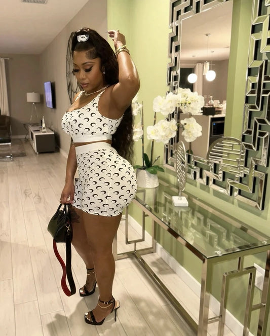 STYLISH LADY Moon Printed Fitness 2 Piece Set Women Sleeveless Crop Top and Shorts Suits 2025 Summer Club Street Sports Outfits