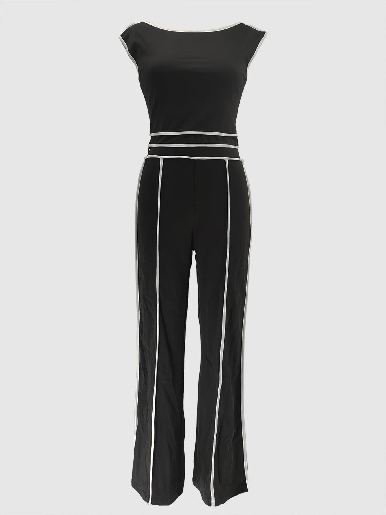Sexy Women Onelength Shoulder Splicing Line High Waisted Pants Suit Spring New Casual Wide-leg Pants Short Sleeve 2 Piece Set