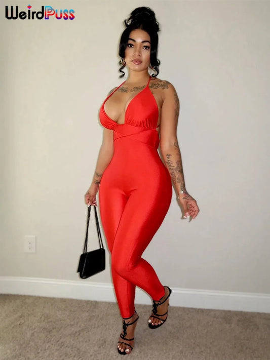 Hipster Fitness Jumpsuit Women Backless Sleeveless Deep v-Neck Cross Bandage Skinny Stretch Workout Sporty Streetwear