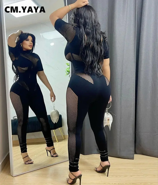 Short Sleeve Women Mesh Hollow Out O-neck Rompers Jumpsuits 2024 Summer Sleep Night Club Party One Piece Sexy Outfits