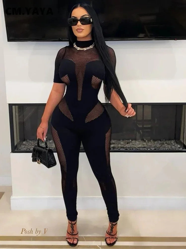 Short Sleeve Women Mesh Hollow Out O-neck Rompers Jumpsuits 2024 Summer Sleep Night Club Party One Piece Sexy Outfits