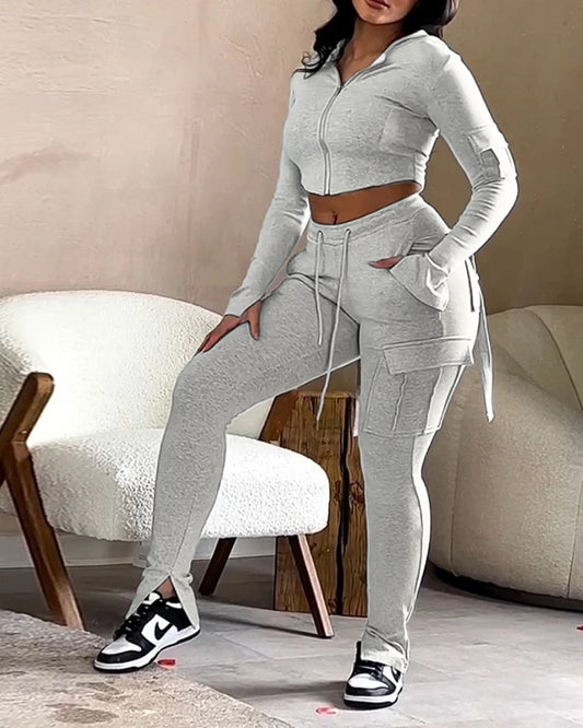 Womens Two Piece Casual Skinny Zipper Design Long Sleeve Crop Hoodie and Drawstring V-cut Waistline Cargo Joggers Sweatpants Set