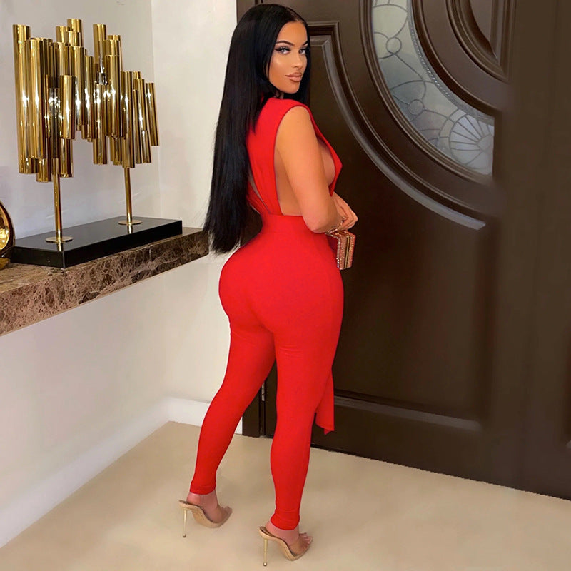 Sexy Skinny V-neck Jumpsuit Women Hollow Out Lace Up Strings Baddies Bodysuit Outfit Overalls Club Outfit Pant Set