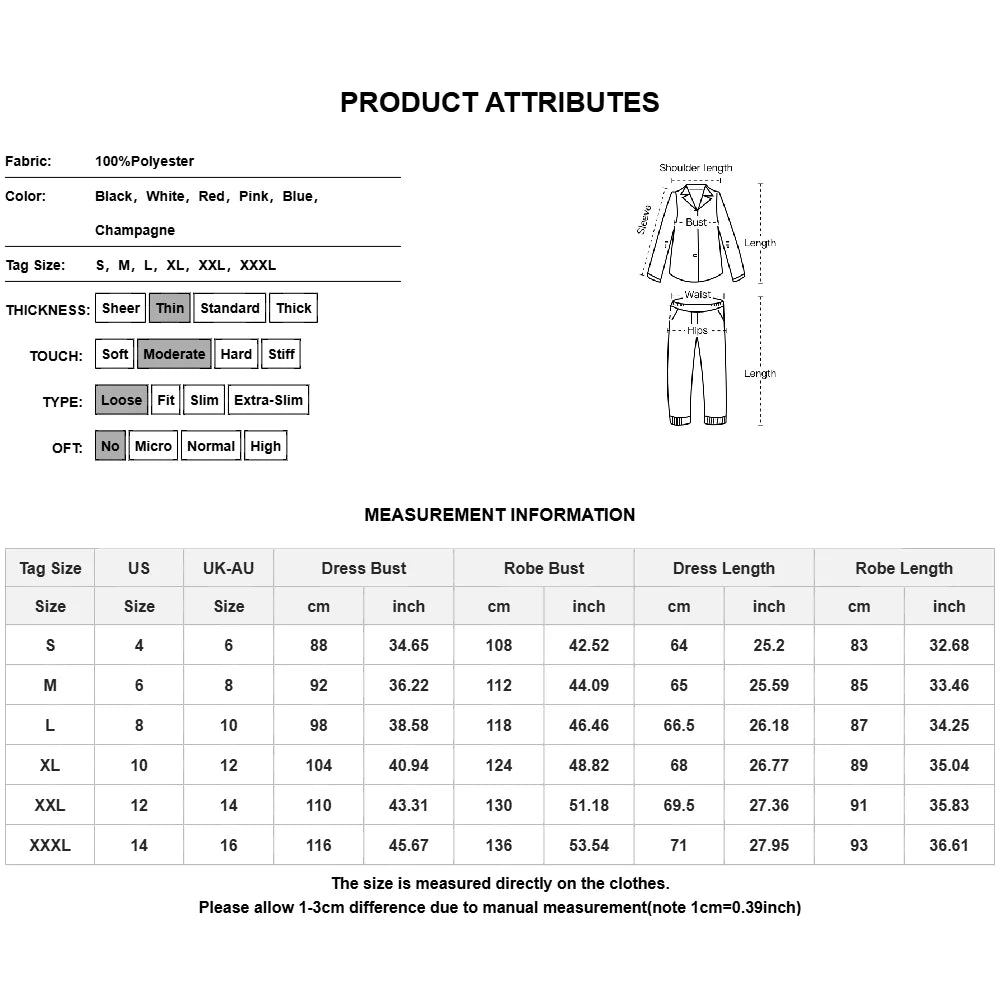Women's Nightdress Two Piece Sets Night Robe Pajama Set Solid Satin Long Sleeve Robe V Neck Slip Sleep Mini Dress S M L XL 2XL