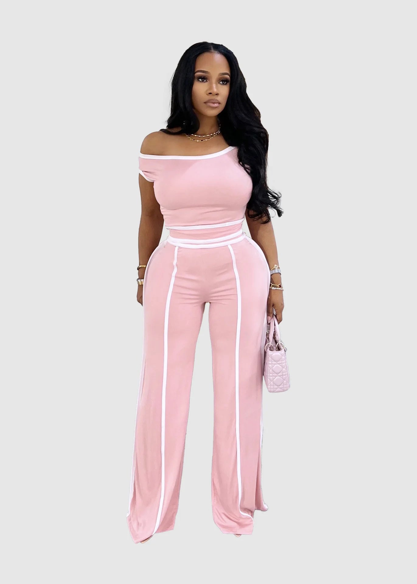 Sexy Women Onelength Shoulder Splicing Line High Waisted Pants Suit Spring New Casual Wide-leg Pants Short Sleeve 2 Piece Set