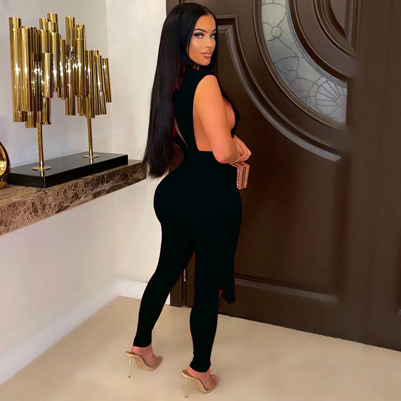 Sexy Skinny V-neck Jumpsuit Women Hollow Out Lace Up Strings Baddies Bodysuit Outfit Overalls Club Outfit Pant Set