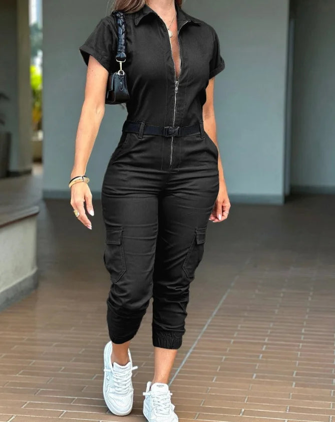Women's Long Jumpsuits Summer Turn-Down Collar Short Sleeve Zipper Front Cuffed Jumpsuit Women Casual Pocket Design Cargo Romper