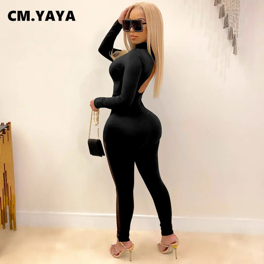 Mesh Patchwork Lace Up Turtleneck Bodycon Elastic Jumpsuit Women Sexy Club Night Party One Piece Overall Romper 2021