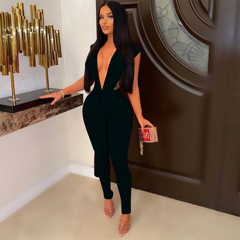 Sexy Skinny V-neck Jumpsuit Women Hollow Out Lace Up Strings Baddies Bodysuit Outfit Overalls Club Outfit Pant Set