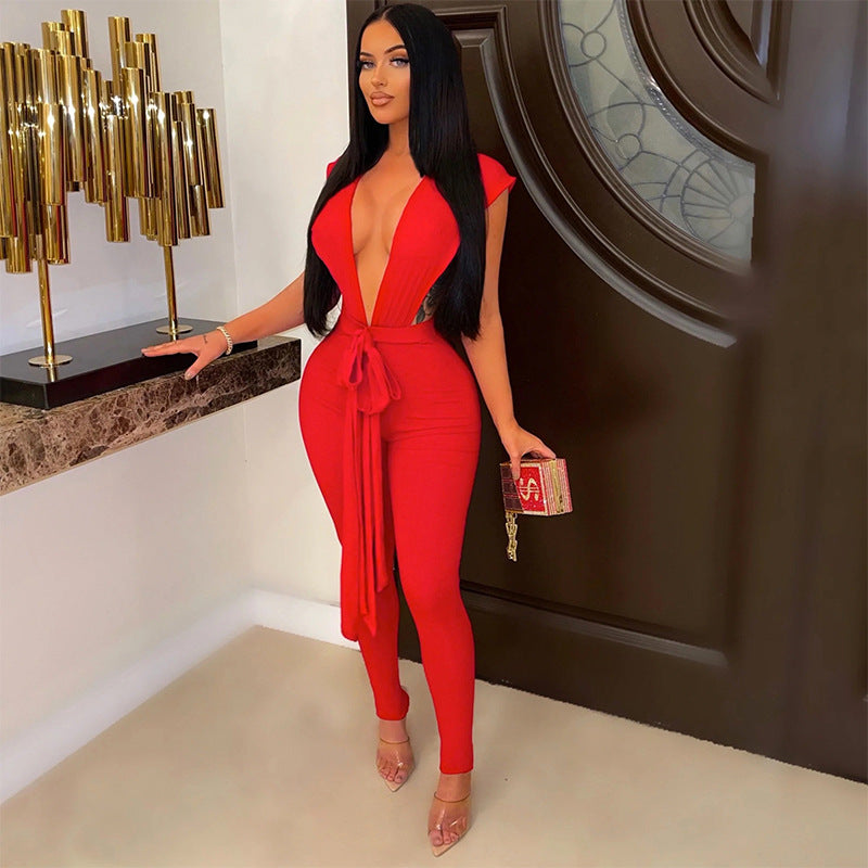 Sexy Skinny V-neck Jumpsuit Women Hollow Out Lace Up Strings Baddies Bodysuit Outfit Overalls Club Outfit Pant Set