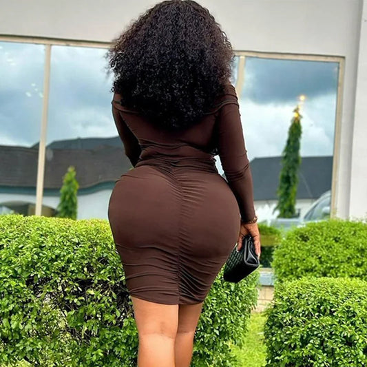 Sexy Ruched Long Sleeve Bodycon Dress Women Party Night Slash Neck Off The Shoulder Draped Ribbon Stretchy Hipster Club Dresses