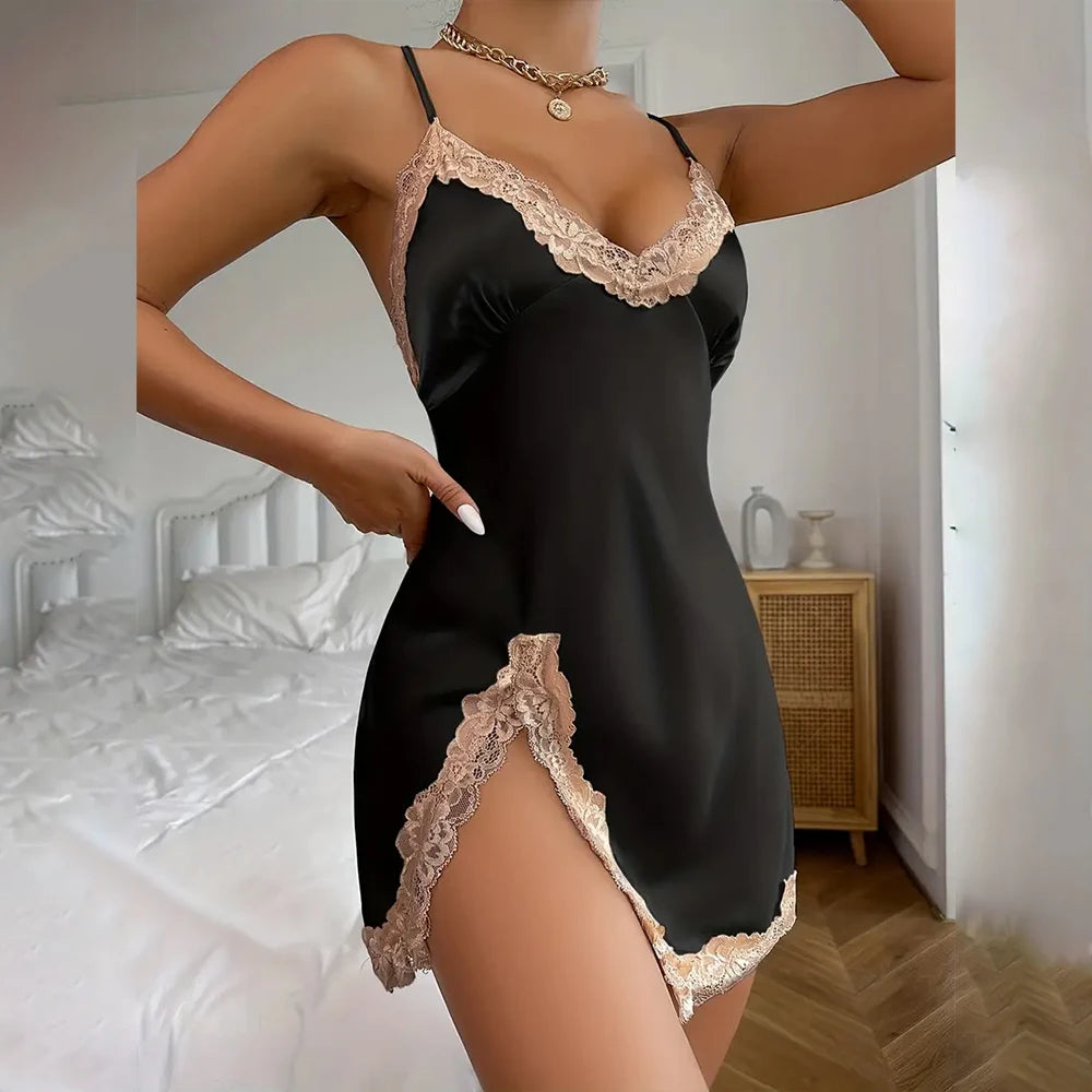 Women's Nightdress Two Piece Sets Night Robe Pajama Set Solid Satin Long Sleeve Robe V Neck Slip Sleep Mini Dress S M L XL 2XL