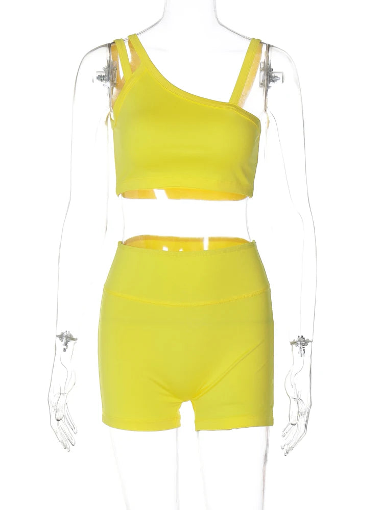 Hugcitar Summer Fashion 2 Pcs Sets Solid Straps Backless Sexy Crop Tank Top Draped Shorts Slim Women Clothes Vacation Work Out