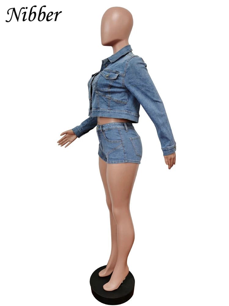 Nibber Denim Fabric Autumn Trend Two Piece Set Patchwork Women Lapel Short Jacket + Slim Fitting Super Shorts Sexy Street Suits