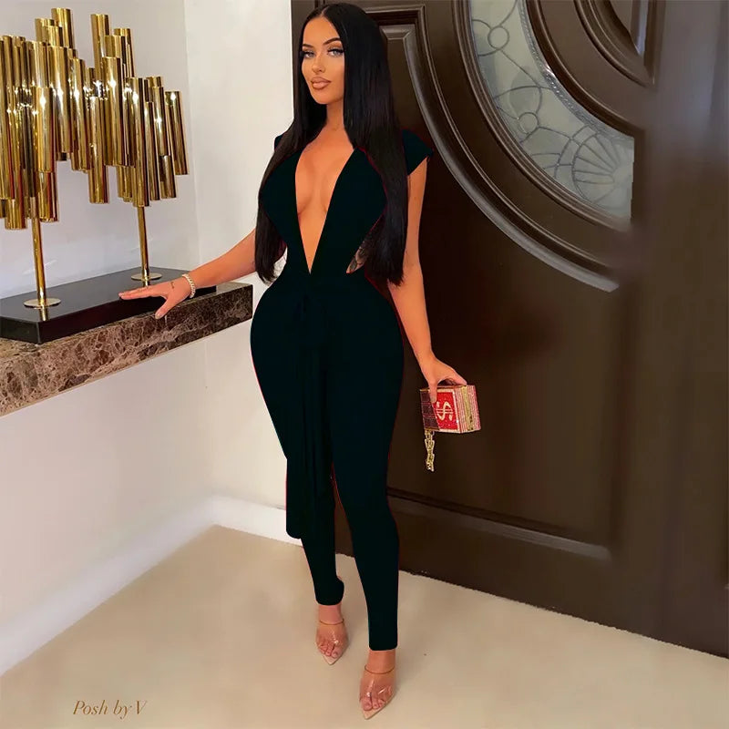 Sexy Skinny V-neck Jumpsuit Women Hollow Out Lace Up Strings Baddies Bodysuit Outfit Overalls Club Outfit Pant Set